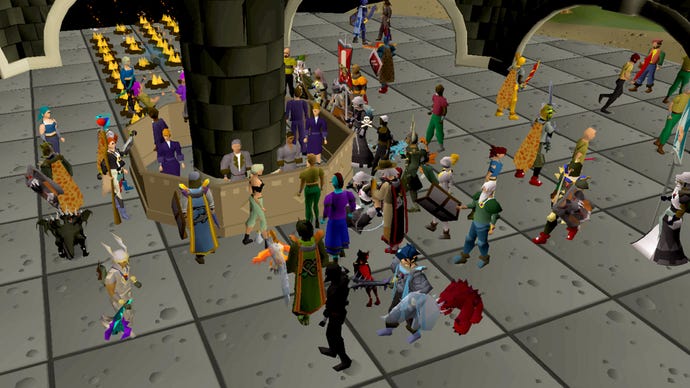 Players in all sorts of colourful outfits gathered at the Grand Exchange in Old School RuneScape.